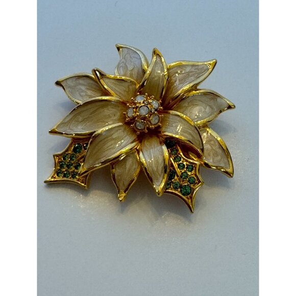 Nolan Miller Poinsettia Christmas Brooch Pin Enamel Rhinestones Fashion Jewelry - Picture 3 of 9